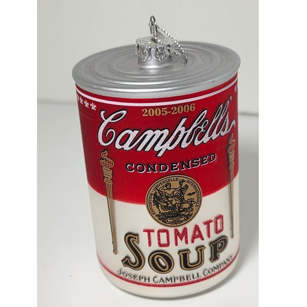 Campbells Tomato Soup Can Glass Christmas Ornament 2005-2006 Red White vintage